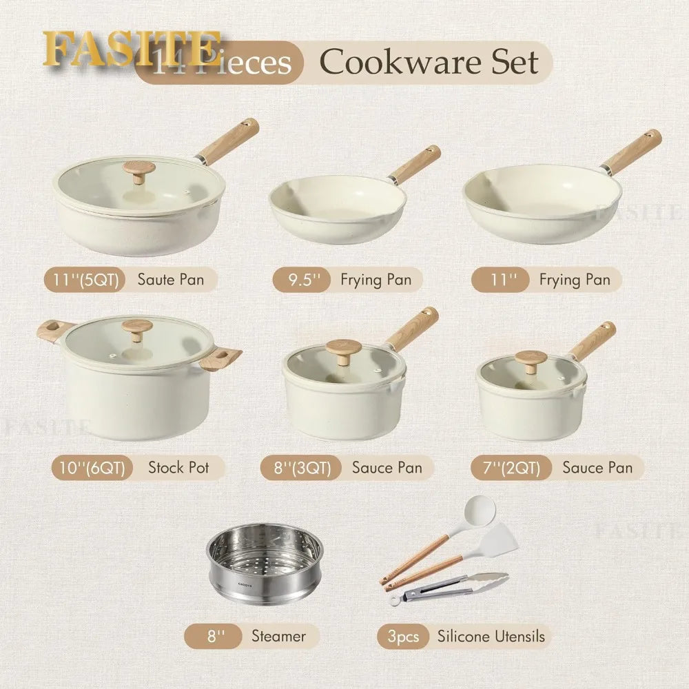 14pcs Fasite Pots and Pans Set Cream White