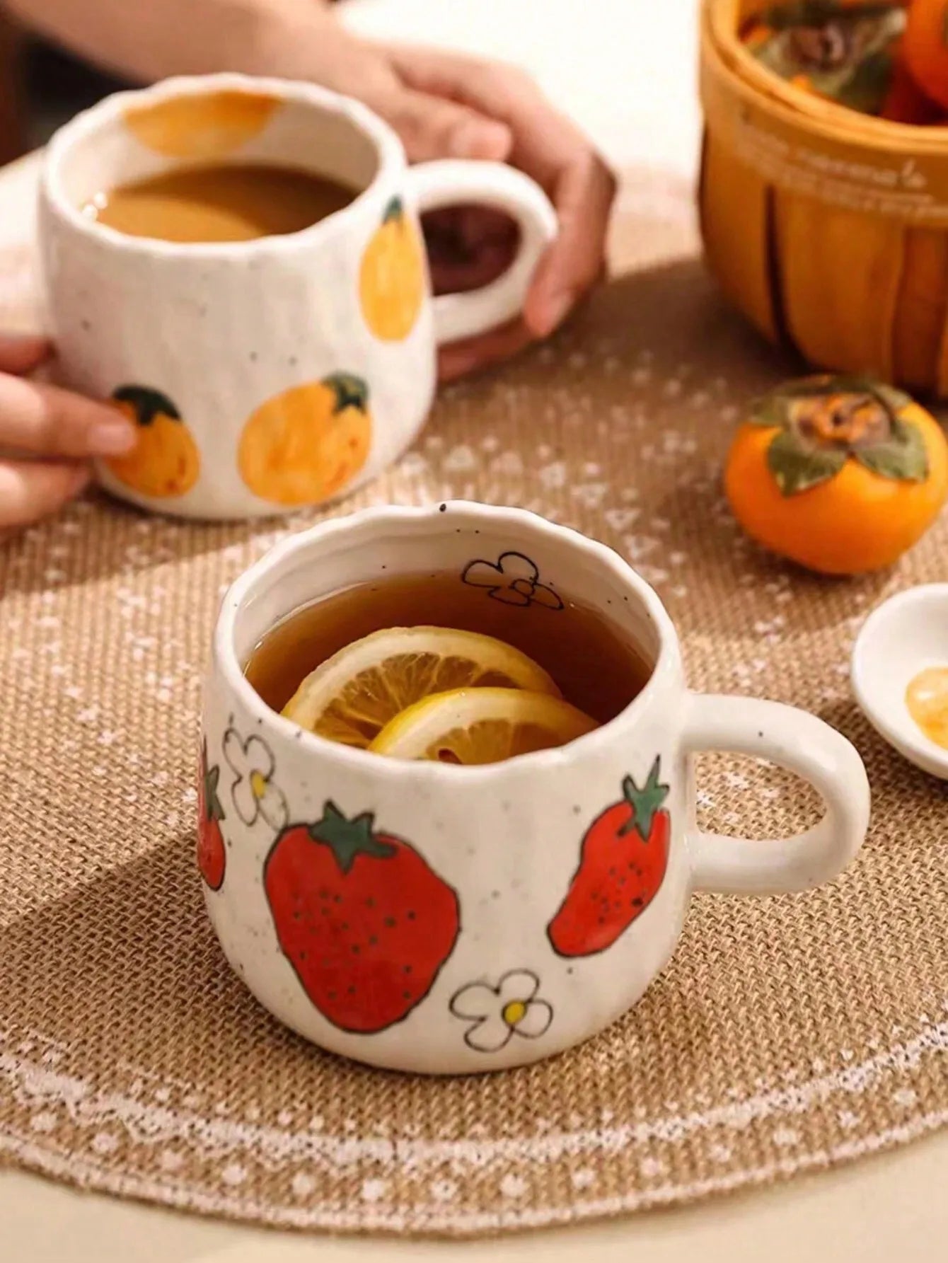 Hand Painted Ceramic Coffee Mug With Strawberry Pattern Design