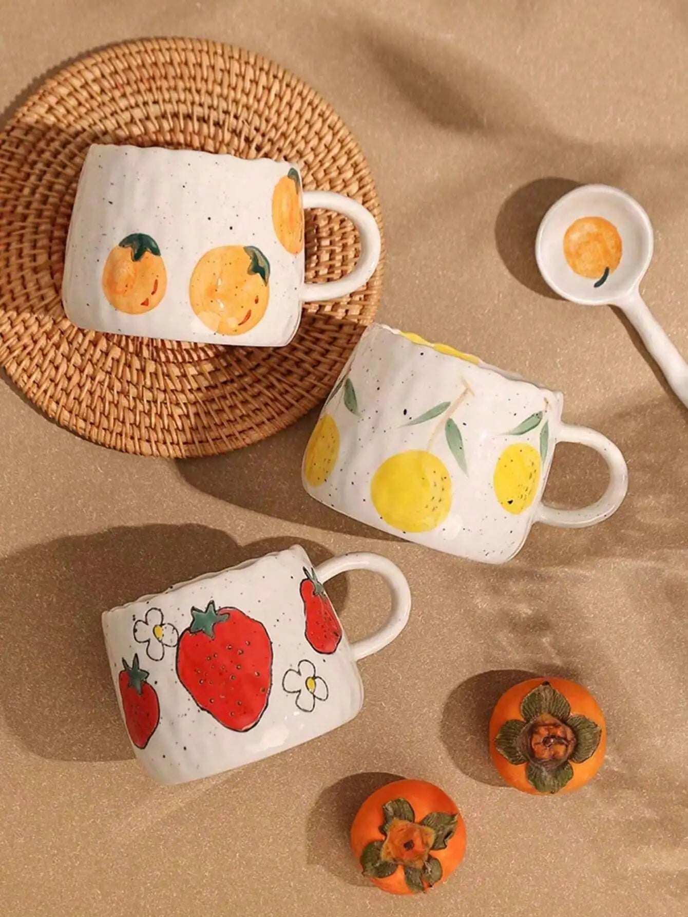 Hand Painted Ceramic Coffee Mug With Strawberry Pattern Design