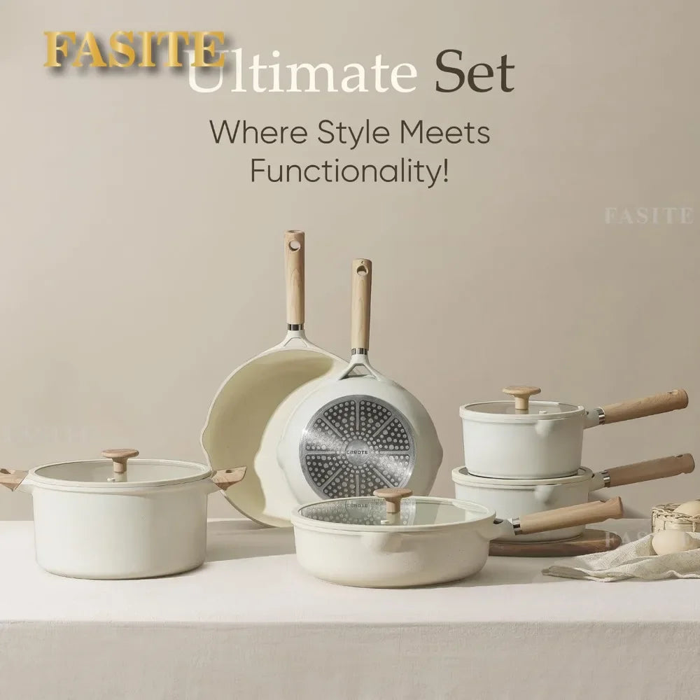 14pcs Fasite Pots and Pans Set Cream White