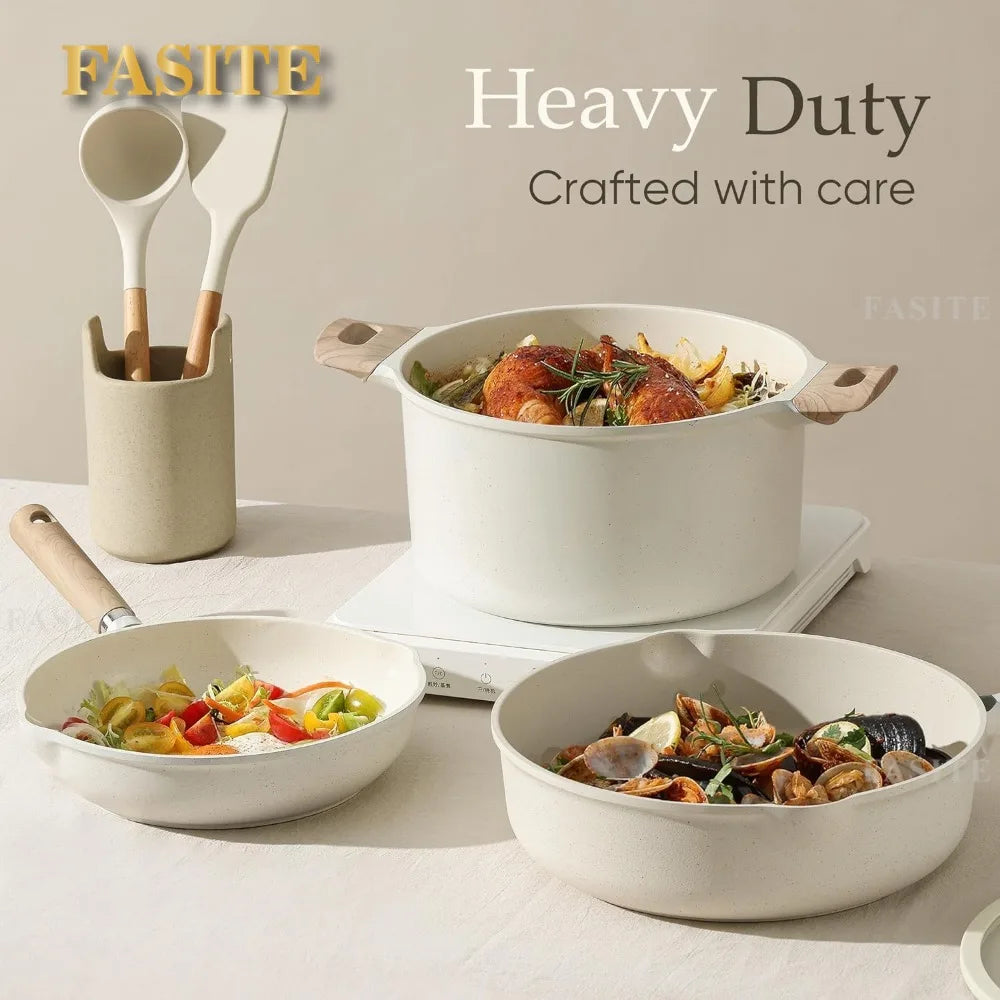 14pcs Fasite Pots and Pans Set Cream White