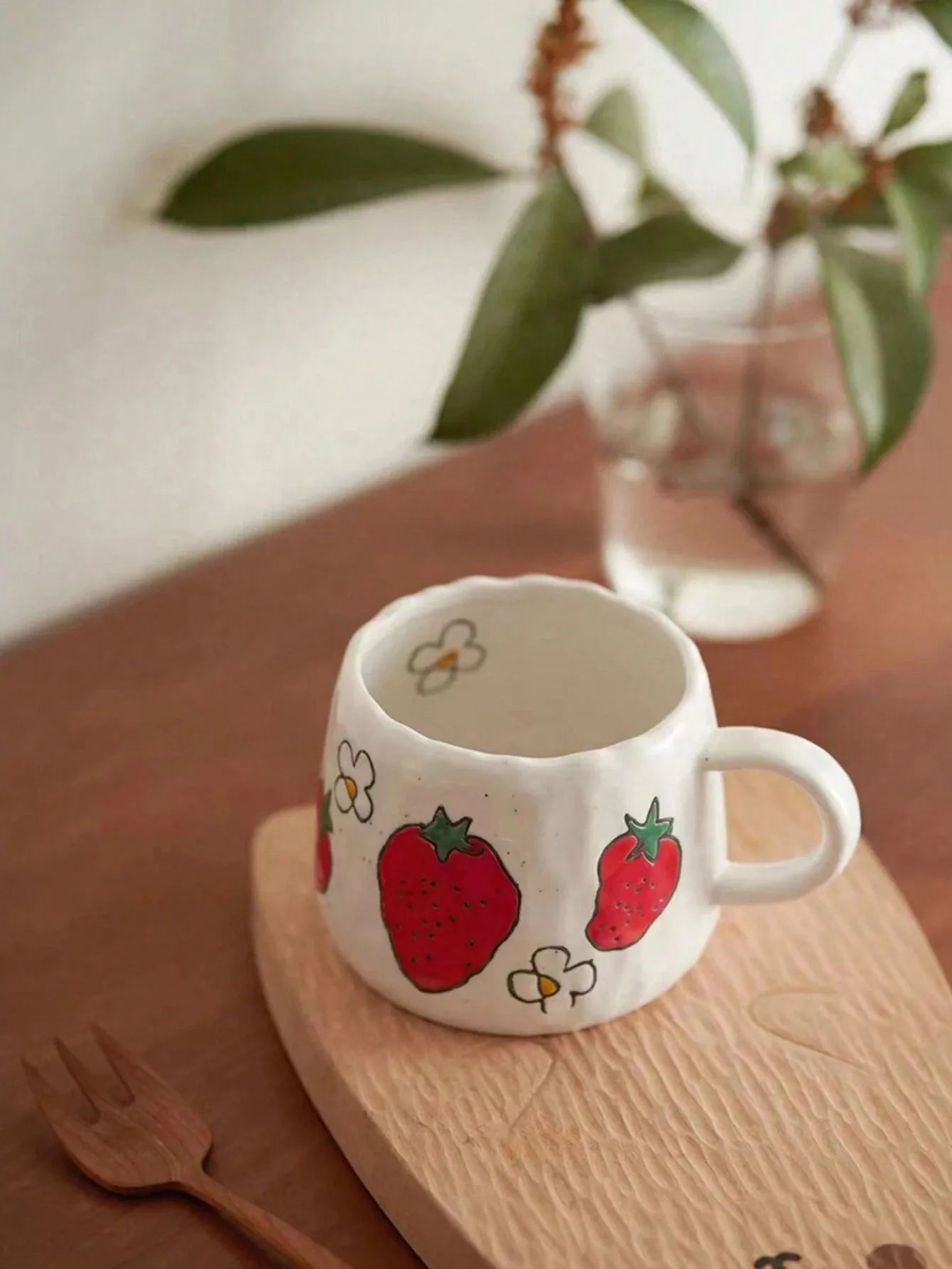 Hand Painted Ceramic Coffee Mug With Strawberry Pattern Design