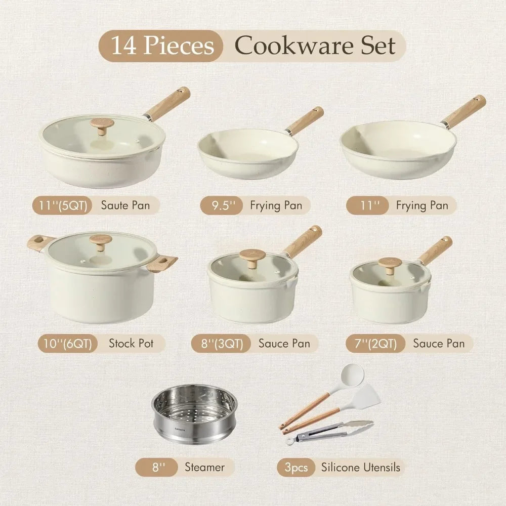 14pcs Fasite Pots and Pans Set Cream White
