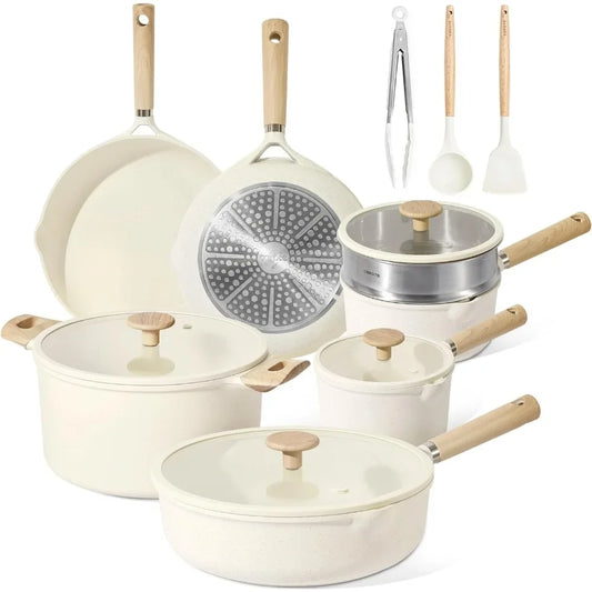 14pcs Fasite Pots and Pans Set Cream White