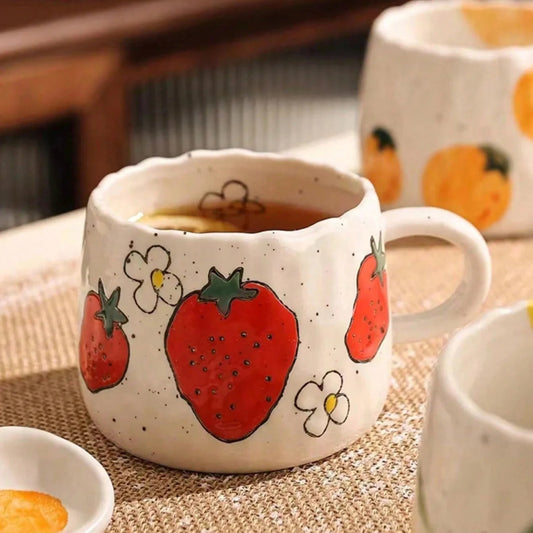 Hand Painted Ceramic Coffee Mug With Strawberry Pattern Design